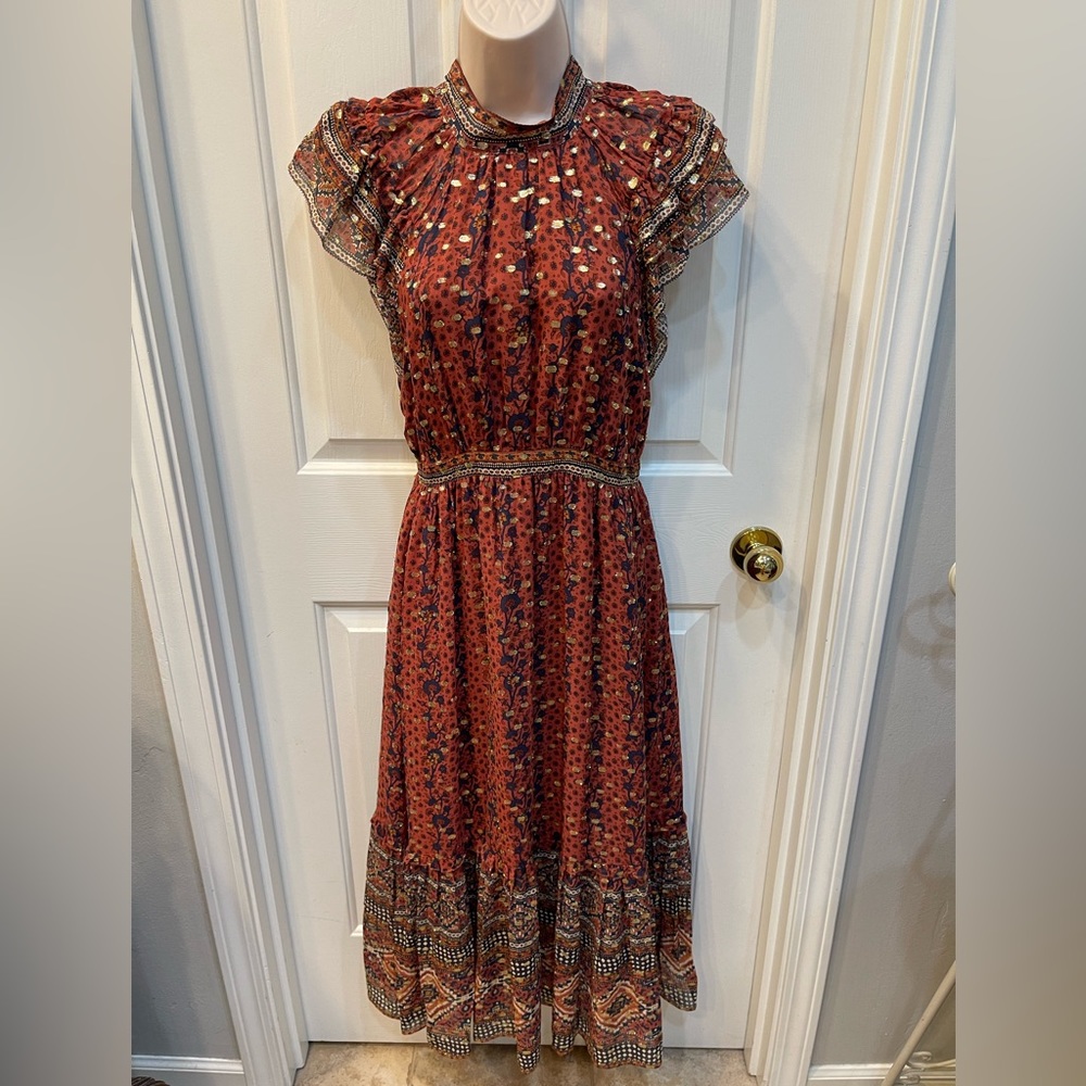 Ulla Johnson Size Small (2) Silk cap-sleeve maxi dress with goldtone flecks